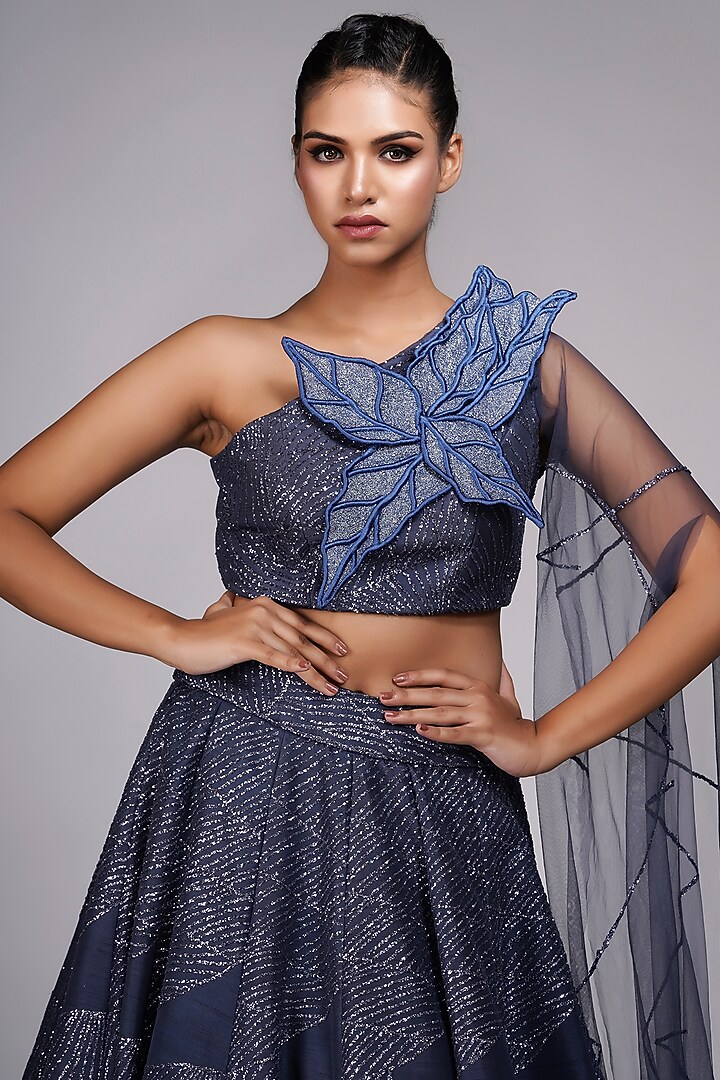 Greyish-Blue Raw Silk Embroidered Wedding Lehenga Set by Shruti S at Pernia's Pop Up Shop