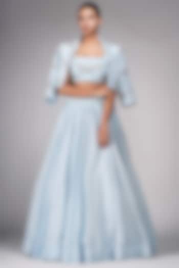 Powder Blue Silk Embroidered Jacket Wedding Lehenga Set by Shruti S at Pernia's Pop Up Shop