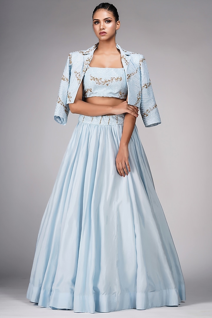 Powder Blue Silk Embroidered Jacket Wedding Lehenga Set by Shruti S at Pernia's Pop Up Shop