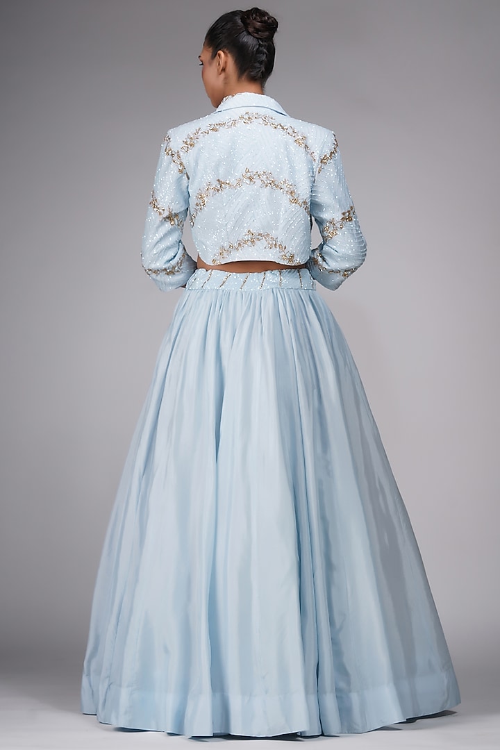 Powder Blue Silk Embroidered Jacket Wedding Lehenga Set by Shruti S at Pernia's Pop Up Shop