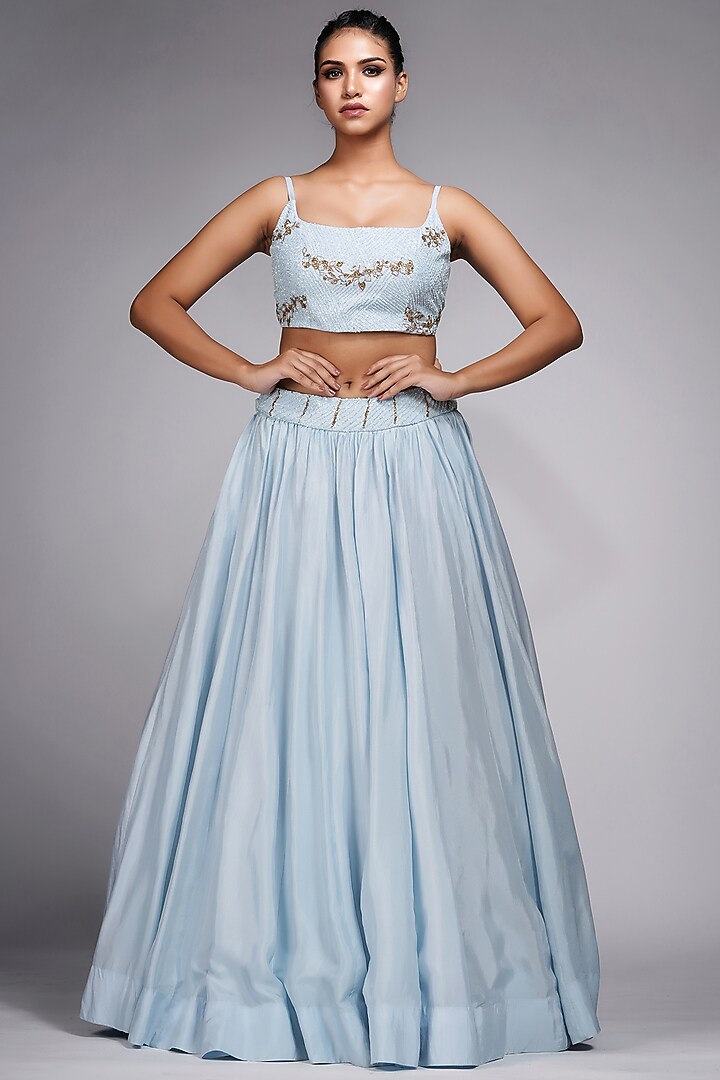 Powder Blue Silk Embroidered Jacket Wedding Lehenga Set by Shruti S at Pernia's Pop Up Shop