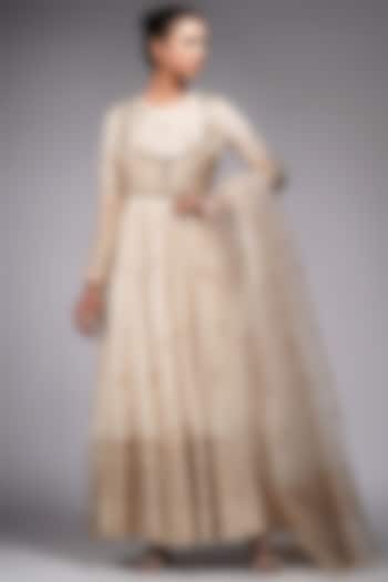 Off-White Silk Block Printed Wedding Anarkali Set by Shruti S at Pernia's Pop Up Shop