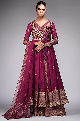 Wine Silk Block Printed Anarkali Set by Shruti S