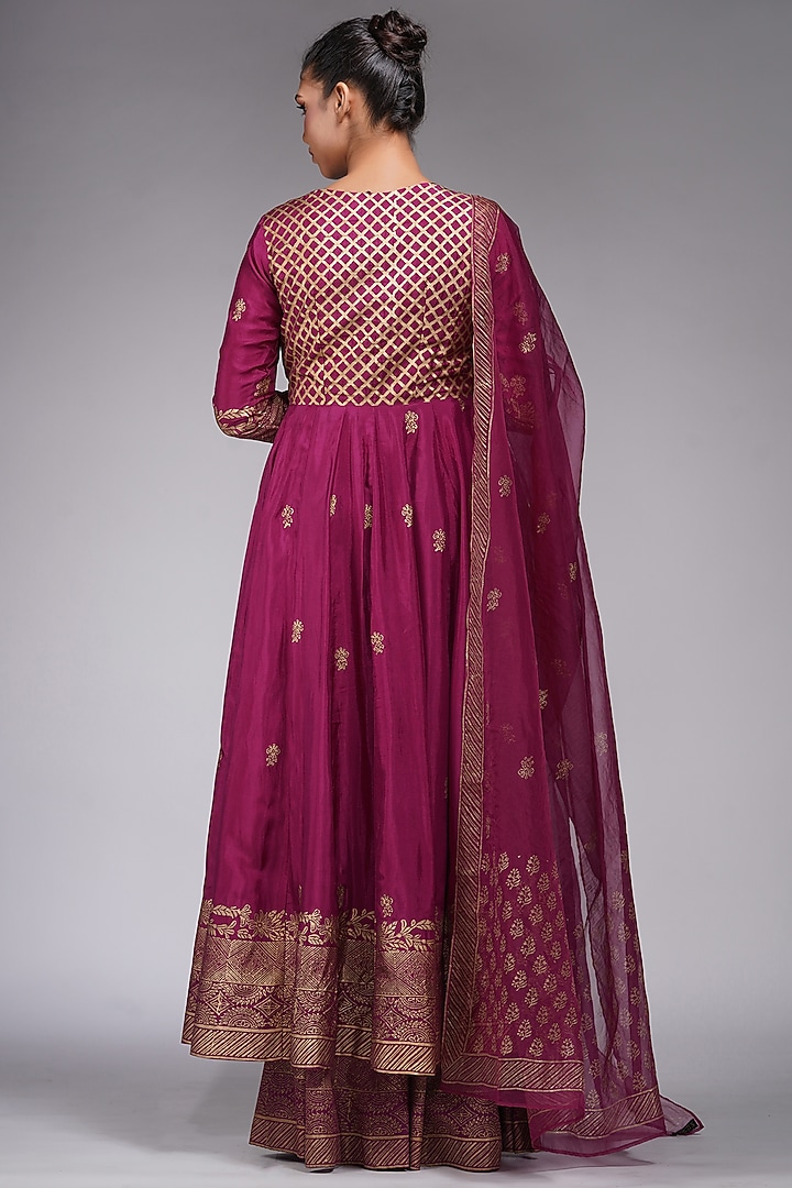 Wine Silk Block Printed Wedding Anarkali Set by Shruti S at Pernia's Pop Up Shop