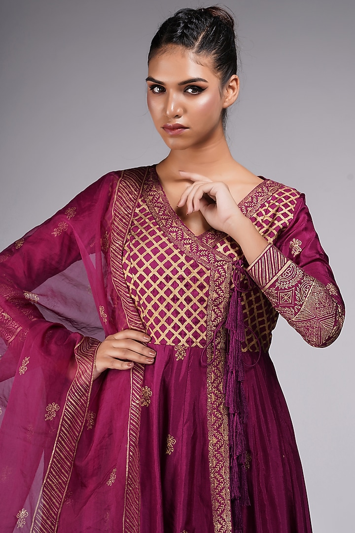 Wine Silk Block Printed Wedding Anarkali Set by Shruti S at Pernia's Pop Up Shop
