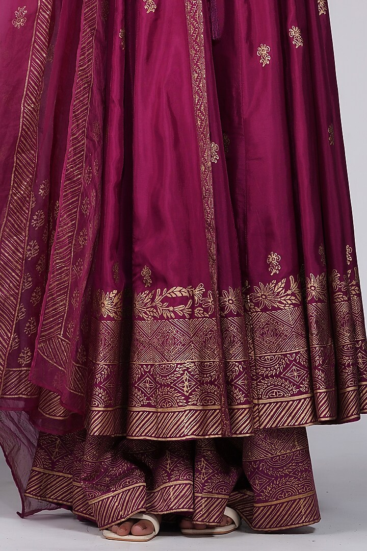 Wine Silk Block Printed Wedding Anarkali Set by Shruti S at Pernia's Pop Up Shop