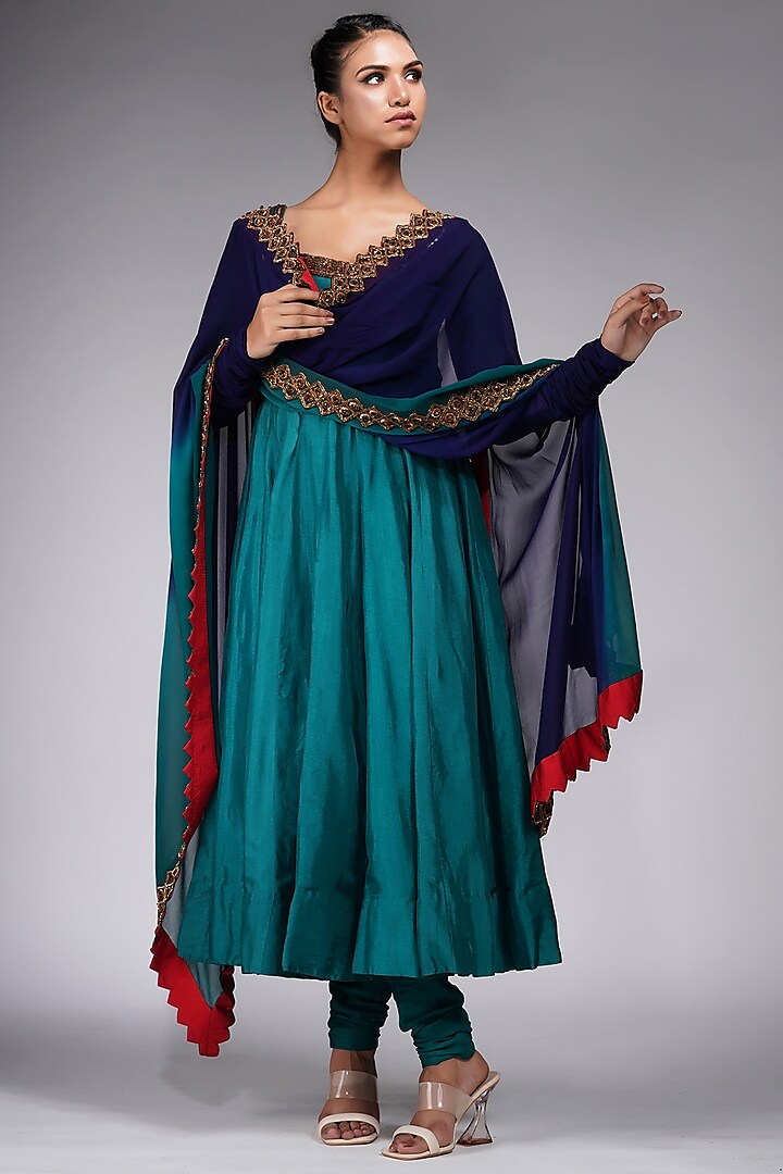 Teal Green Silk Embroidered Anarkali Set by Shruti S