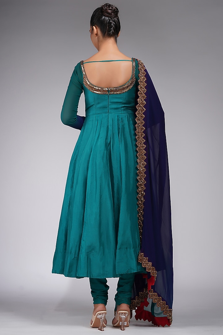 Teal Green Silk Embroidered Wedding Anarkali Set by Shruti S at Pernia's Pop Up Shop