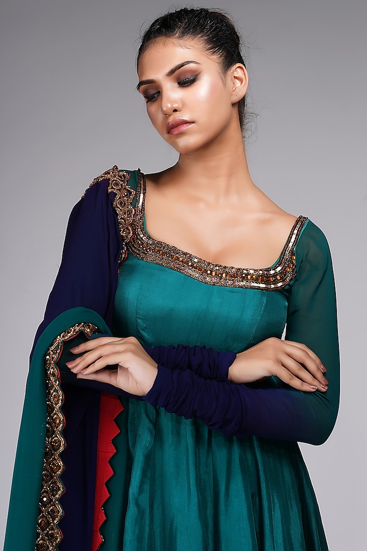 Teal Green Silk Embroidered Wedding Anarkali Set by Shruti S at Pernia's Pop Up Shop