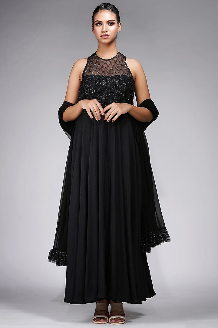 Black Silk Embroidered Anarkali Set by Shruti S at Pernia's Pop Up Shop