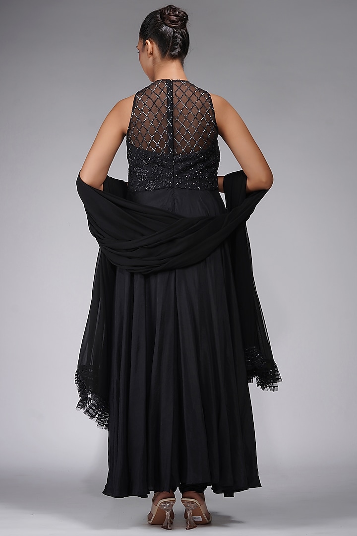 Black Silk Embroidered Wedding Anarkali Set by Shruti S at Pernia's Pop Up Shop