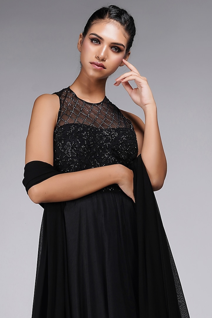 Black Silk Embroidered Wedding Anarkali Set by Shruti S at Pernia's Pop Up Shop