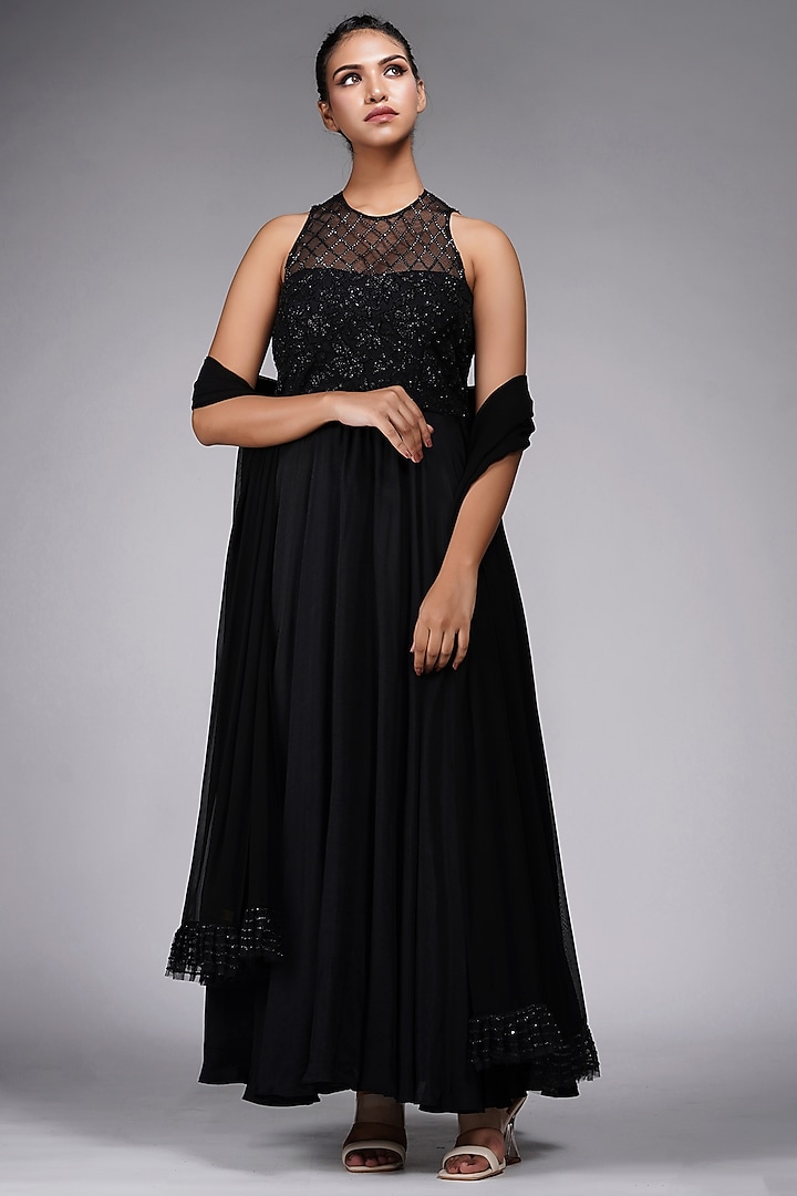 Black Silk Embroidered Wedding Anarkali Set by Shruti S at Pernia's Pop Up Shop