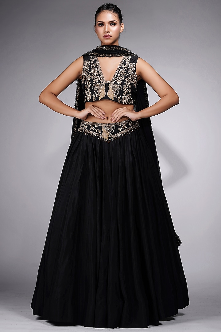 Black Silk Embroidered Wedding Lehenga Set by Shruti S at Pernia's Pop Up Shop