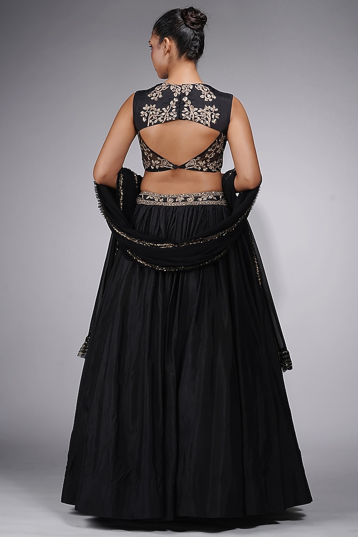 Black Silk Embroidered Wedding Lehenga Set by Shruti S at Pernia's Pop Up Shop