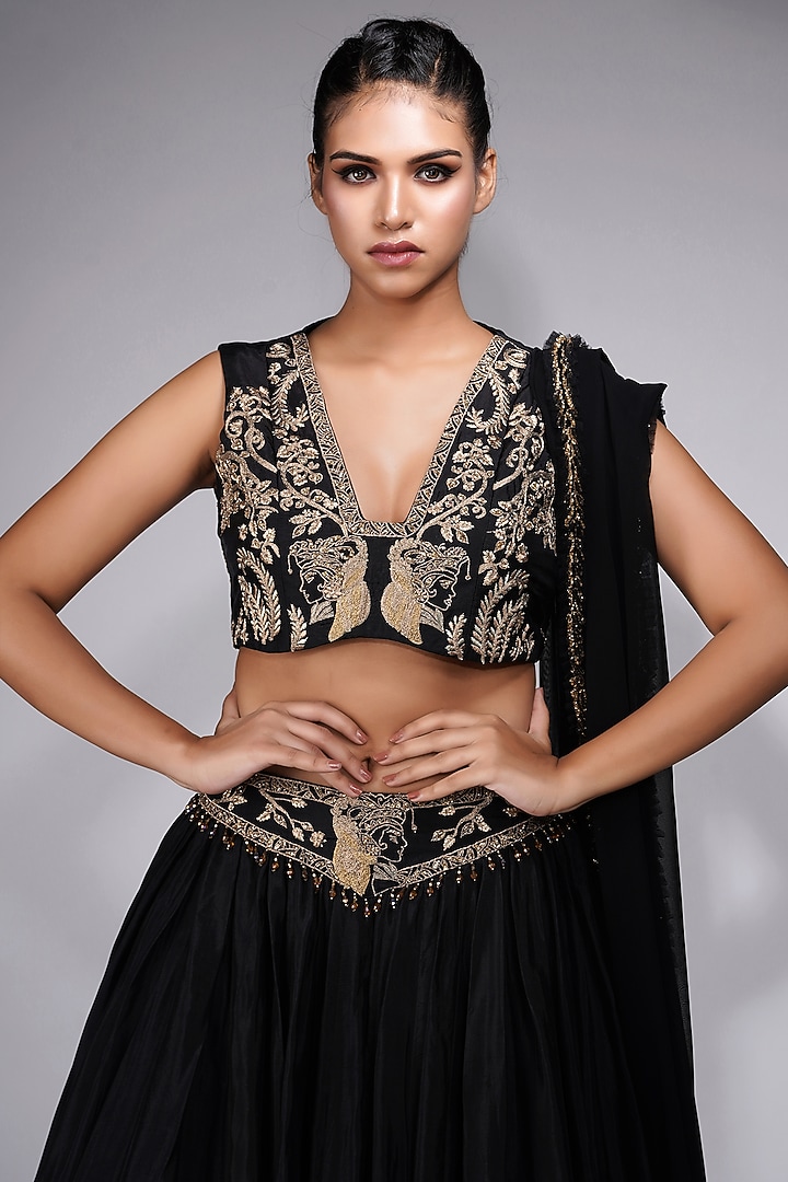 Black Silk Embroidered Wedding Lehenga Set by Shruti S at Pernia's Pop Up Shop