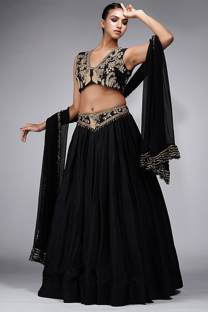 Black Silk Embroidered Wedding Lehenga Set by Shruti S at Pernia's Pop Up Shop