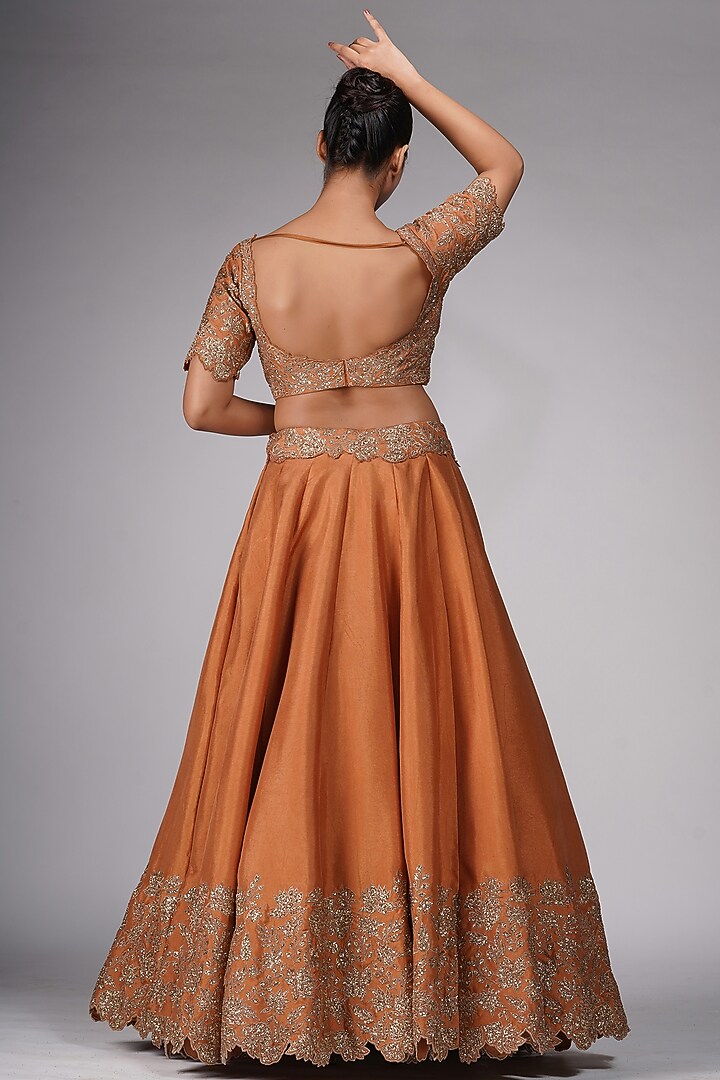 Dark Cinnamon Silk Embroidered Wedding Lehenga Set by Shruti S at Pernia's Pop Up Shop