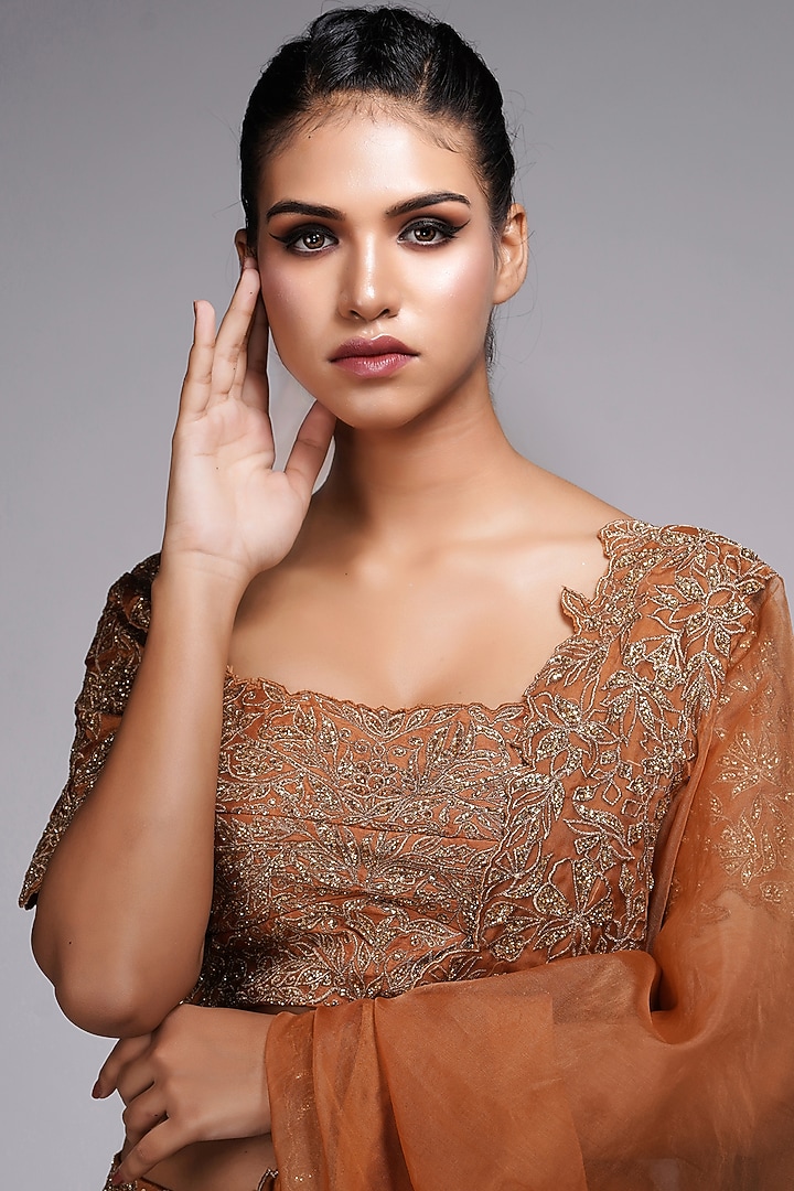Dark Cinnamon Silk Embroidered Wedding Lehenga Set by Shruti S at Pernia's Pop Up Shop