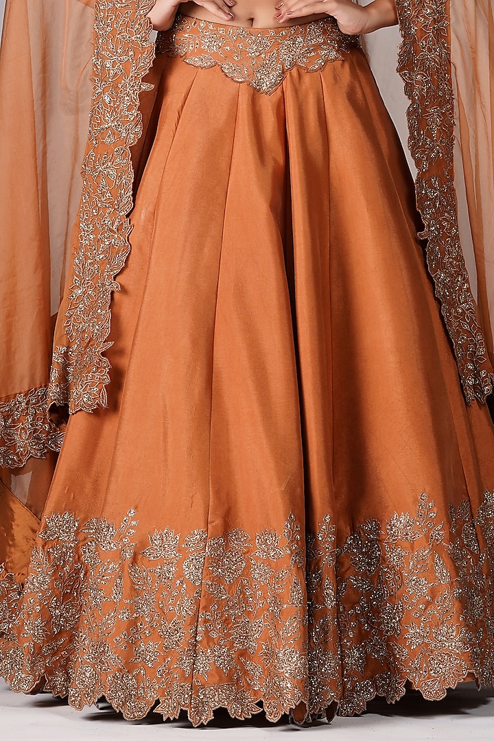 Dark Cinnamon Silk Embroidered Wedding Lehenga Set by Shruti S at Pernia's Pop Up Shop