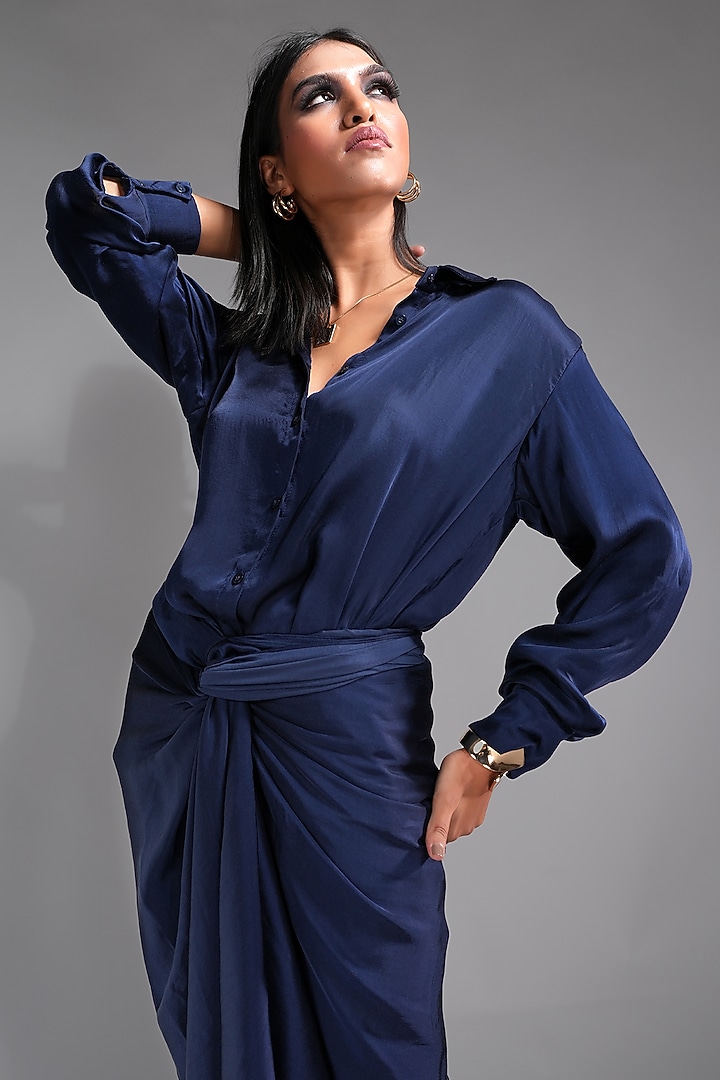 Navy Blue Modal Satin Skirt Set by Shruti S at Pernia's Pop Up Shop