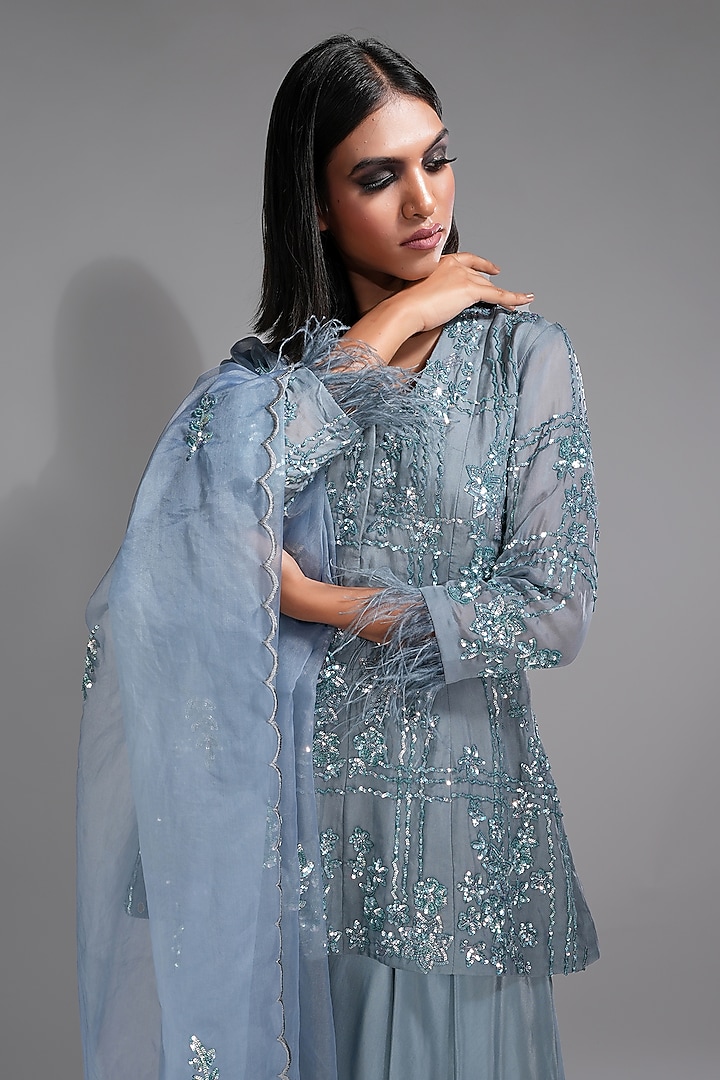 Bluish Grey Crepe Wedding Sharara Set by Shruti S at Pernia's Pop Up Shop