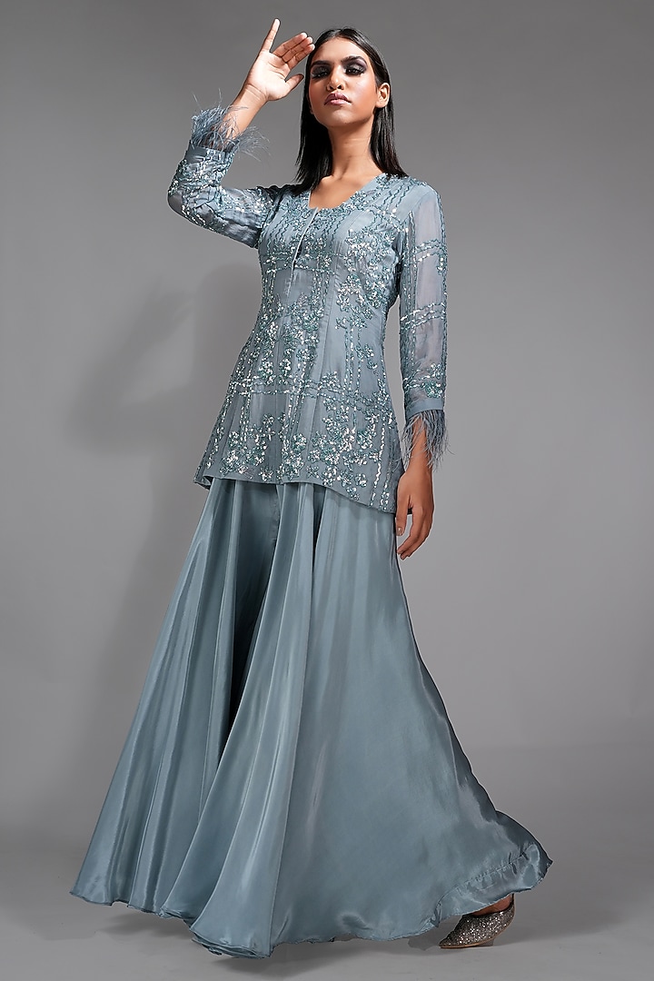 Bluish Grey Crepe Wedding Sharara Set by Shruti S at Pernia's Pop Up Shop