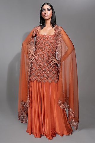 Orange Crepe Sharara Set by Shruti S