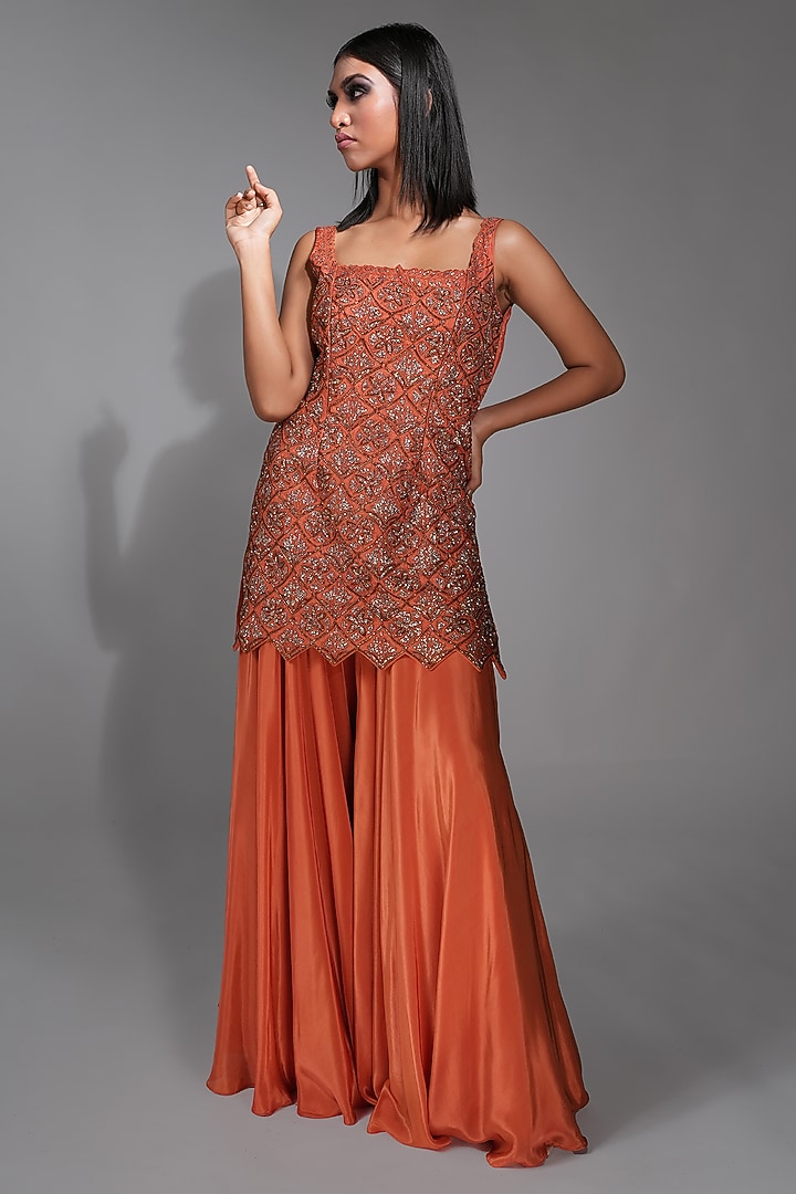 Orange Crepe Wedding Sharara Set by Shruti S at Pernia's Pop Up Shop