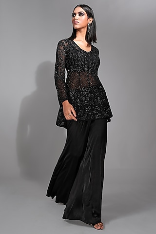 Black Star Net Sequins Hand Embroidered Kurta Set by Shruti S