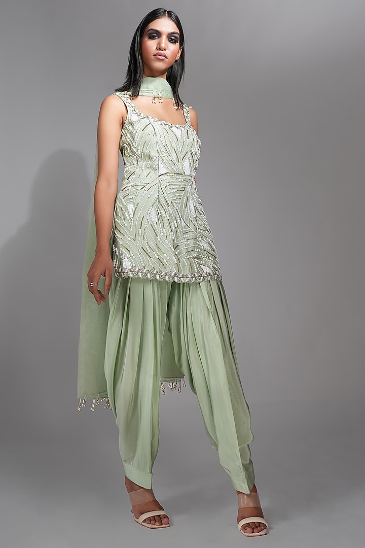 Sage Green Silk Pearl Hand Embroidered Kurta Set by Shruti S at Pernia's Pop Up Shop