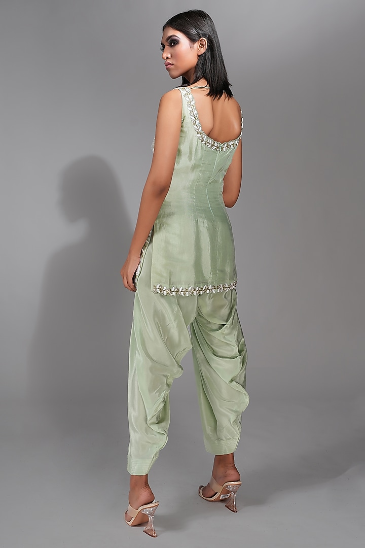 Sage Green Silk Pearl Hand Embroidered Kurta Set by Shruti S at Pernia's Pop Up Shop