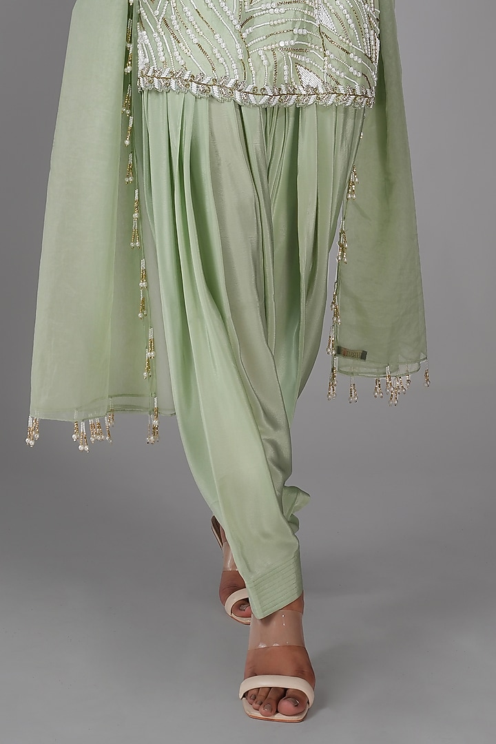 Sage Green Silk Pearl Hand Embroidered Kurta Set by Shruti S at Pernia's Pop Up Shop