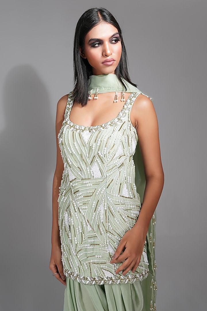 Sage Green Silk Pearl Hand Embroidered Kurta Set by Shruti S at Pernia's Pop Up Shop