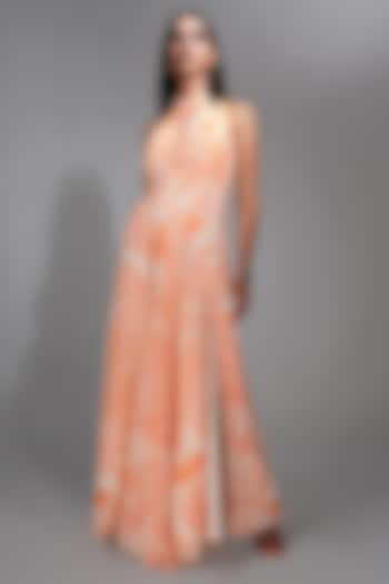 Tangerine Orange Crepe & Organza Printed Maxi Dress by Shruti S at Pernia's Pop Up Shop