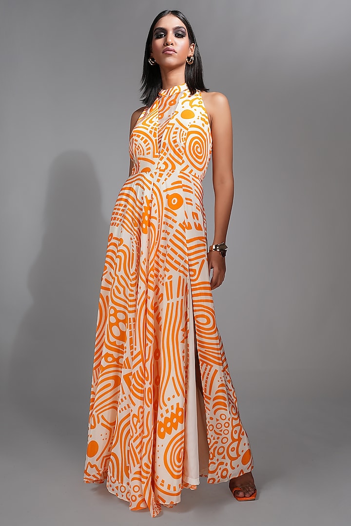 Tangerine Orange Crepe & Organza Printed Maxi Dress by Shruti S at Pernia's Pop Up Shop