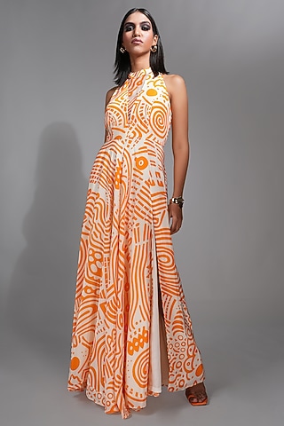 Tangerine Orange Crepe & Organza Printed Maxi Dress by Shruti S