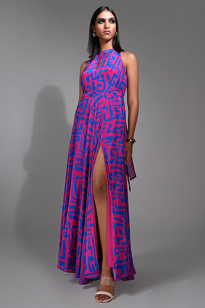 Purple Crepe & Organza Printed Maxi Dress by Shruti S at Pernia's Pop Up Shop