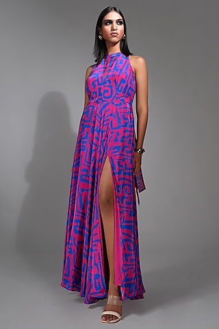 Purple Crepe & Organza Printed Maxi Dress by Shruti S