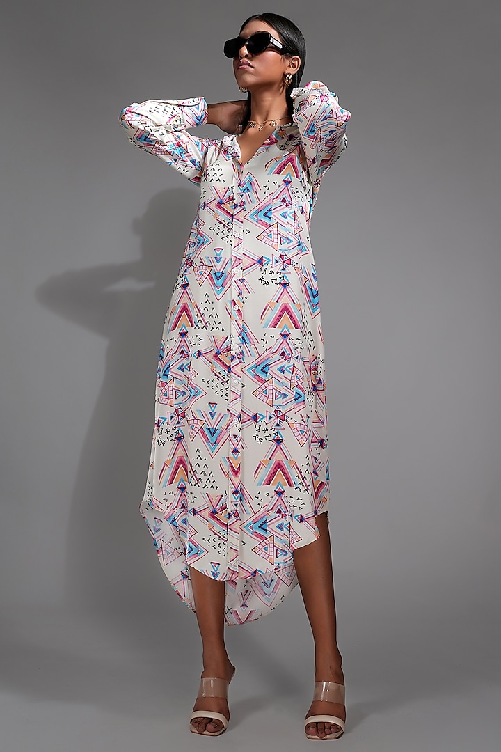 Off-White Natural Modal Satin Printed Shirt Dress by Shruti S at Pernia's Pop Up Shop