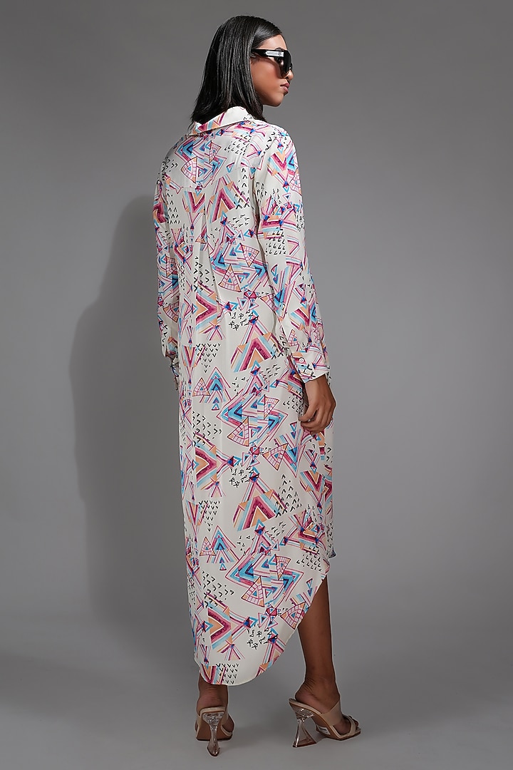 Off-White Natural Modal Satin Printed Vacation Shirt Dress by Shruti S at Pernia's Pop Up Shop