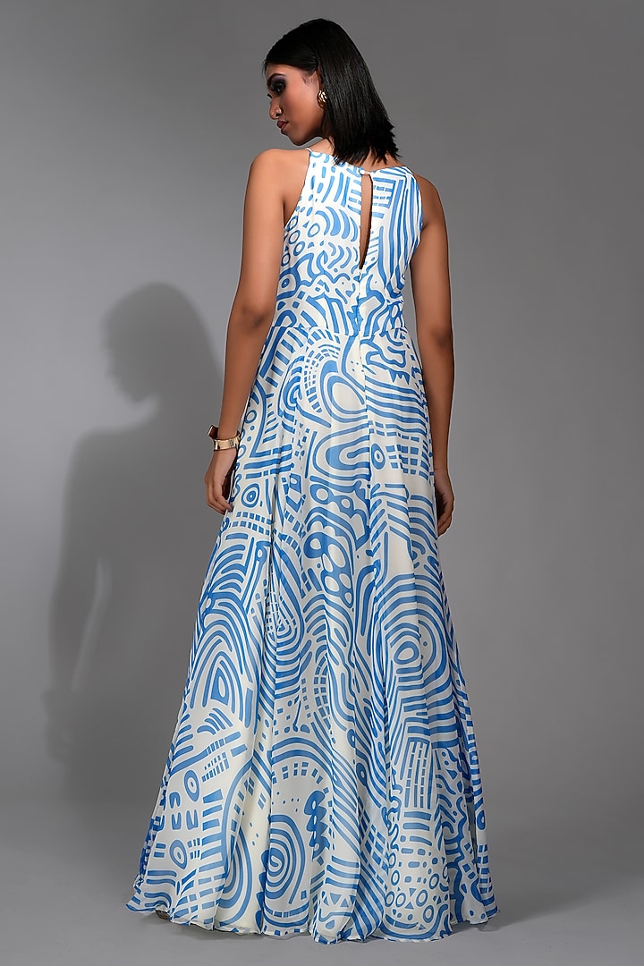 Cerulean Blue Pure Vegan Georgette Printed Maxi Cocktail Dress by Shruti S at Pernia's Pop Up Shop