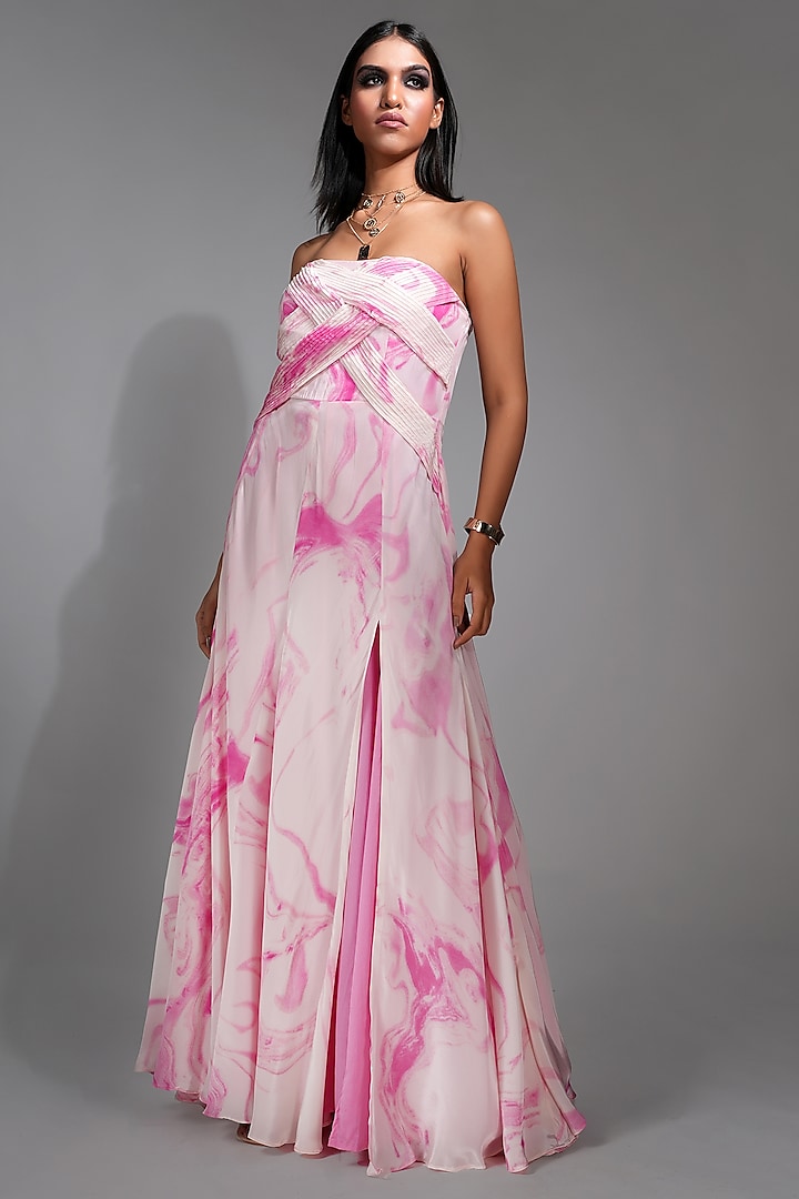 Pink Pure Vegan Crepe Marble Printed Maxi Dress by Shruti S at Pernia's Pop Up Shop