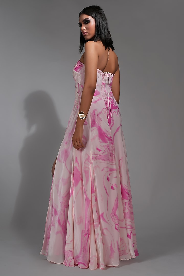 Pink Pure Vegan Crepe Marble Printed Maxi Cocktail Dress by Shruti S at Pernia's Pop Up Shop