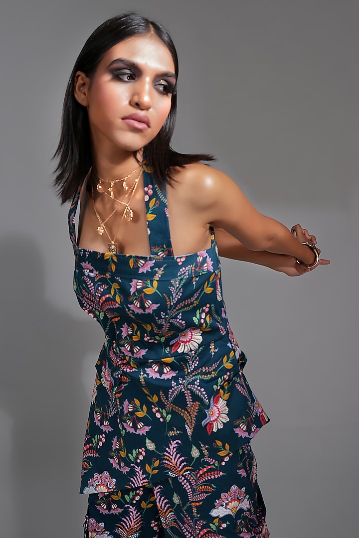 Navy Blue Cotton Printed Co-Ord Set by Shruti S at Pernia's Pop Up Shop