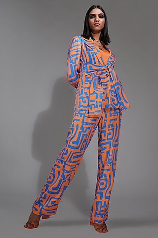 Tangerine Orange Satin Printed Jacket Set by Shruti S