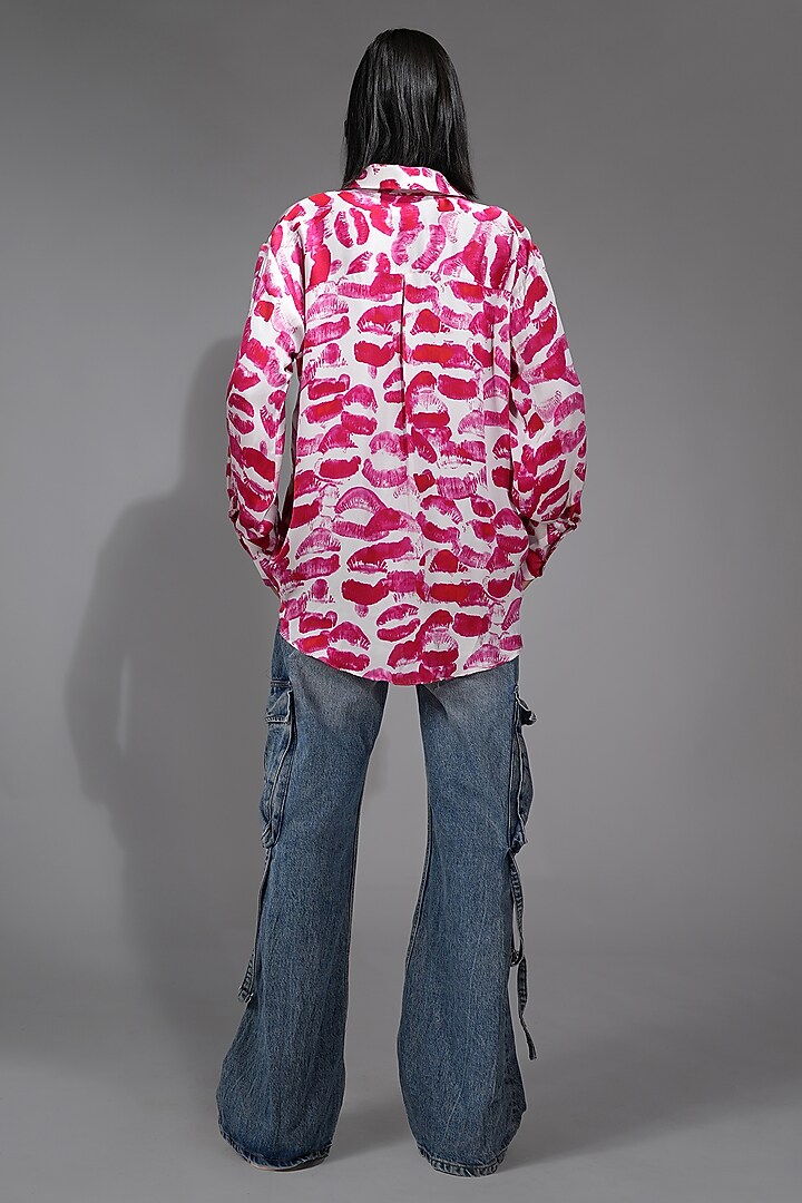 Pink Modal Satin Digital Lips Printed Shirt by Shruti S at Pernia's Pop Up Shop
