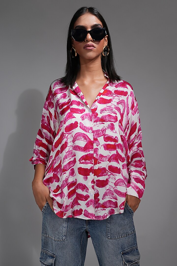 Pink Modal Satin Digital Lips Printed Shirt by Shruti S at Pernia's Pop Up Shop