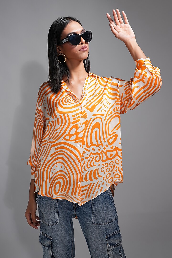 Tangerine Orange Modal Satin Abstract Digital Printed Shirt by Shruti S at Pernia's Pop Up Shop
