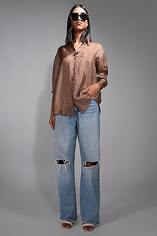 Peanut Brown Silk Thread Work Shirt by Shruti S